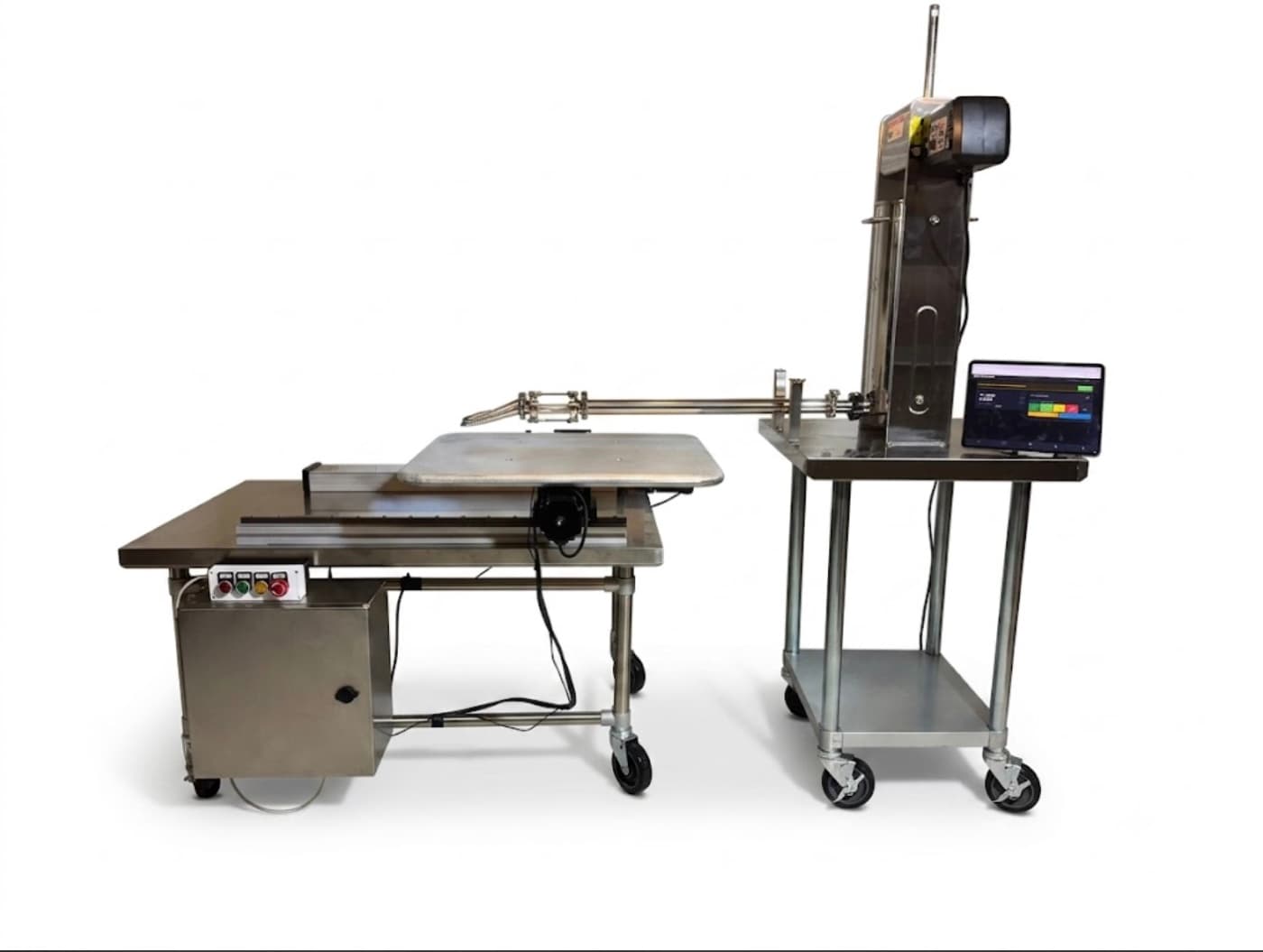The Medium Meat Bot — full machine on wheels with its touchscreen dashboard and deposition arm