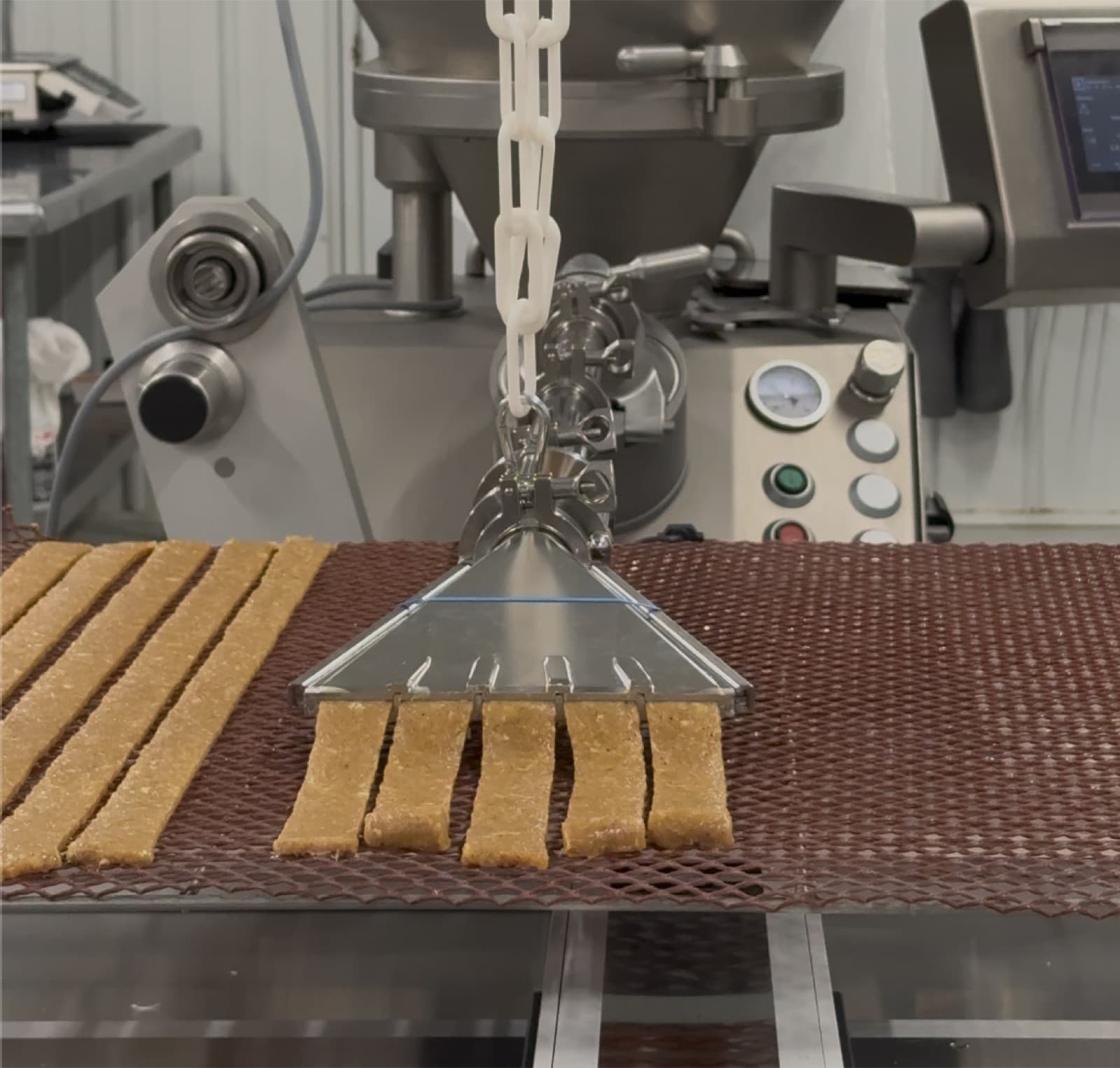 The Meat Bot multi-channel nozzle depositing five uniform strips onto a dehydrator tray